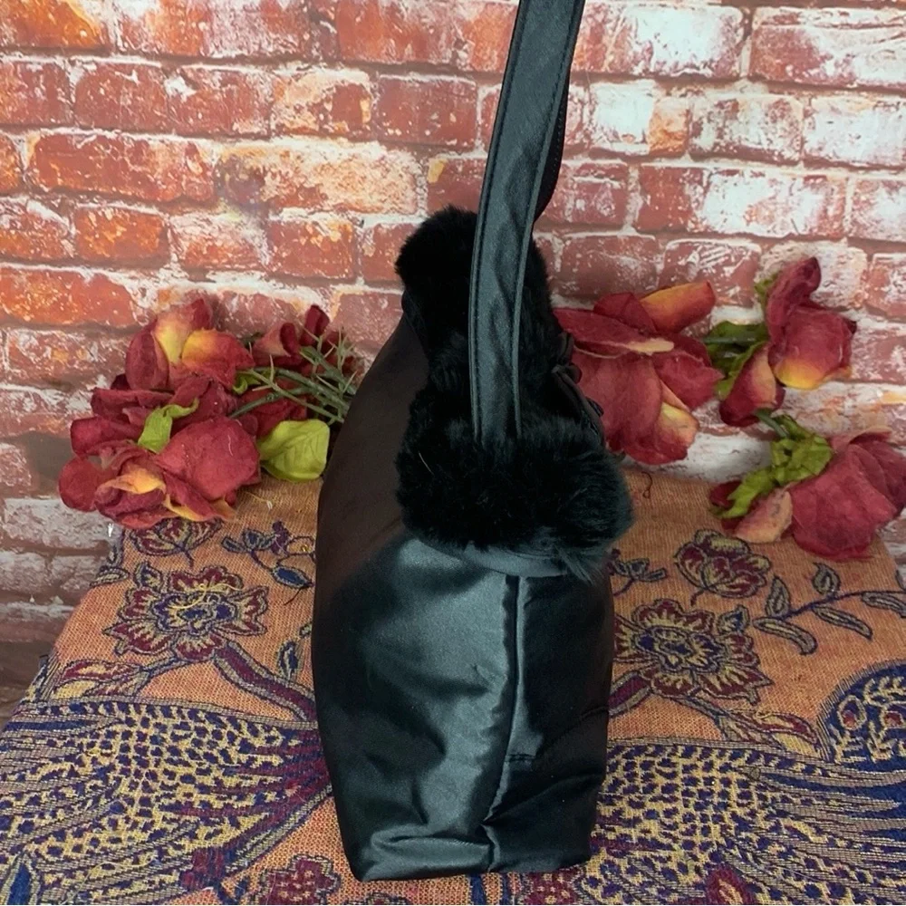 Satin Black Faux Fur Trimmed Retro Rhinestone bow Accented Clutch